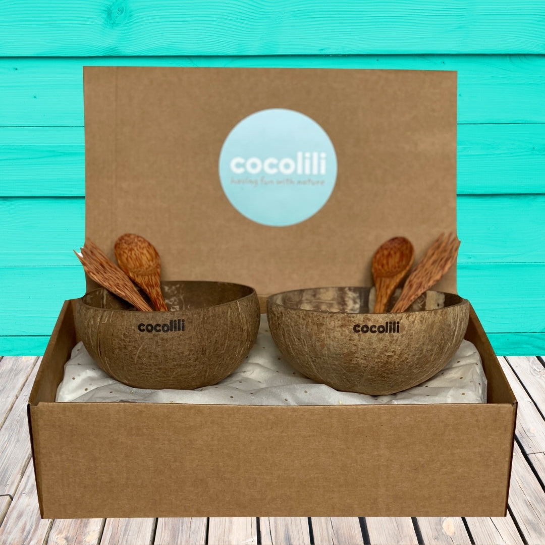 Boles de coco natural bowls de coco cuencos de cocotero regalo ecologico Cocolili bol de coco bowl de coco set de coco doble regalo ecologico sostenible natural cubiertos de coco  